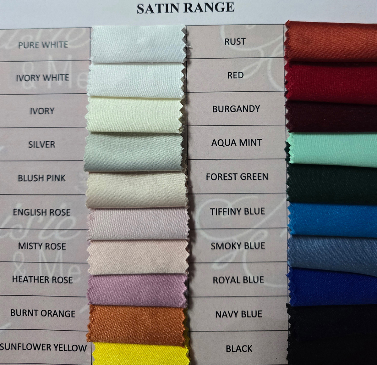 satin colour chart