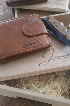 Leather mens wallet in wooden box